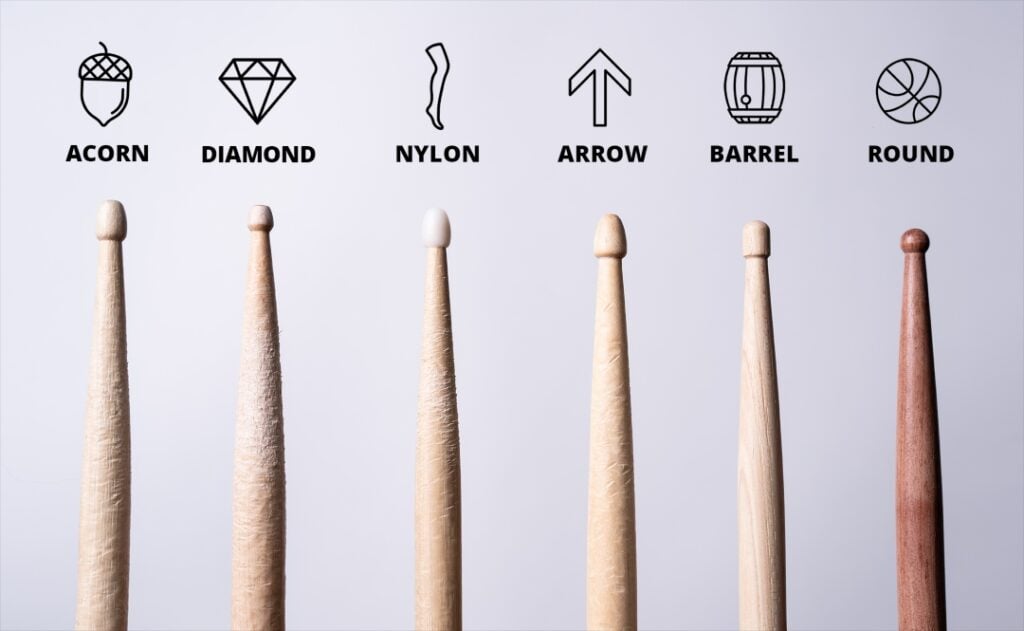 Drumsticks can come with different tip shapes including acorn, oval and barrel.