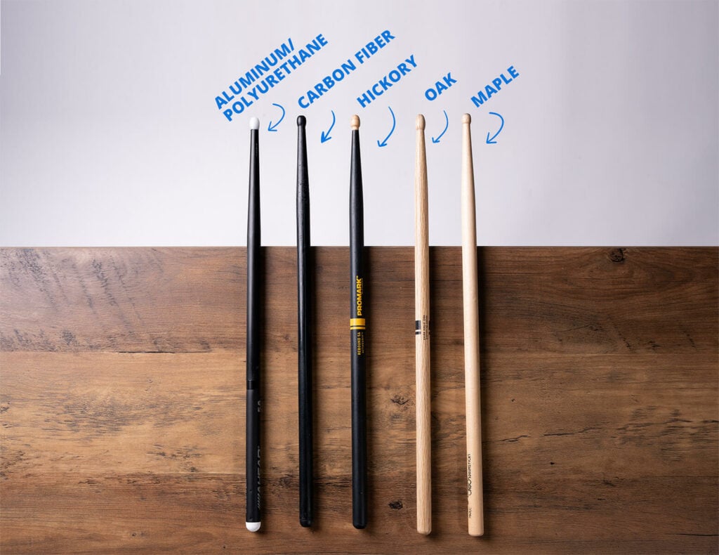 Drumsticks can be made of different types of wood (like hickory or maple) and synthetic materials.