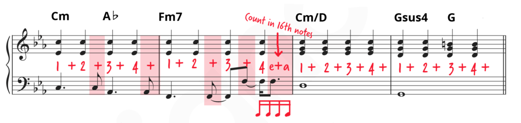 Breakdown of counting into 1 e + a 2 e + a... on the sheet music of James Bond theme on piano "Skyfall."