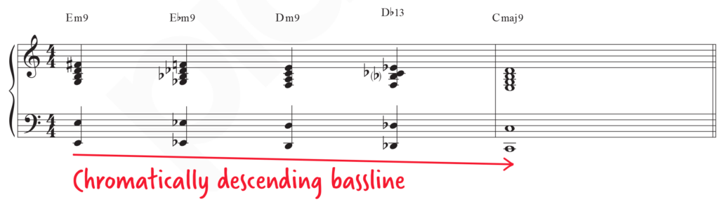 Standard notation of descending minor 9th chords: Em9-Ebm9-Dm9-Db13-Cmaj9.