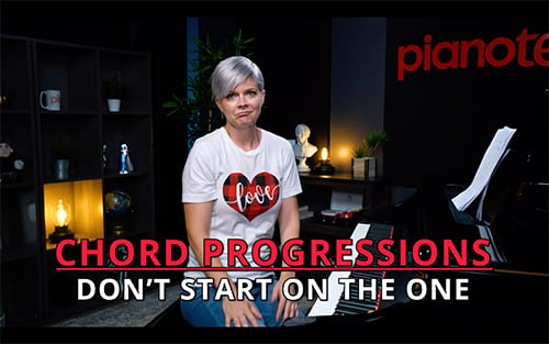Woman with short platinum hair making face at camera with text: CHORD PROGRESSIONS, DON'T START ON THE ONE.