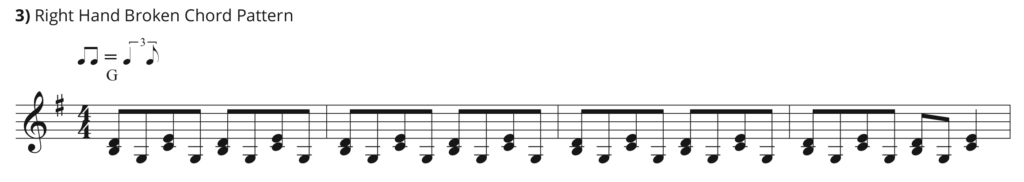 Standard notation of right hand broken G chord in eighth notes.