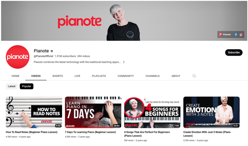 Pianote YouTube channel: woman with short platinum hair smiling in header wearing black top with smiley face.