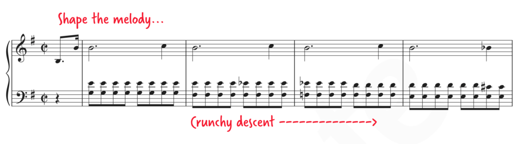 Sheet music for the first line of Prelude in E Minor with "shape the melody" at the top and "crunchy descent" and arrow at the bottom.