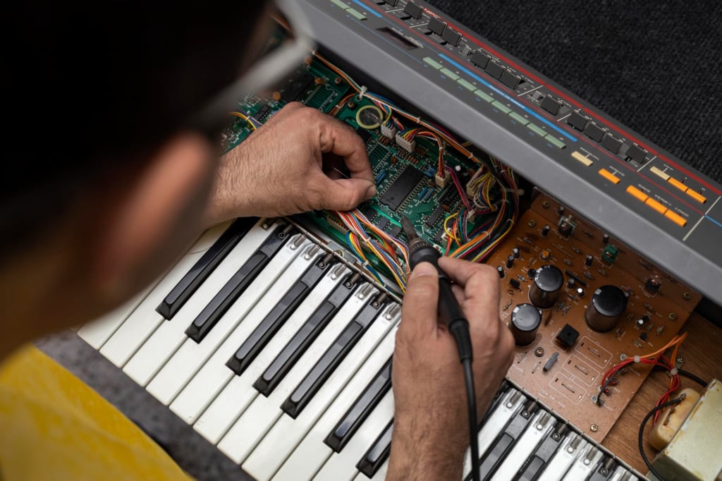 Hands wiring inside chips of a digital piano.