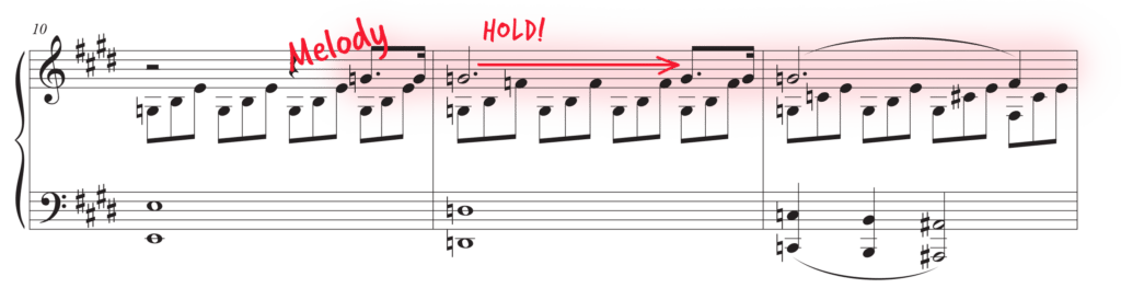 Moonlight Sonata sheet music with melody notes highlighted in pink.