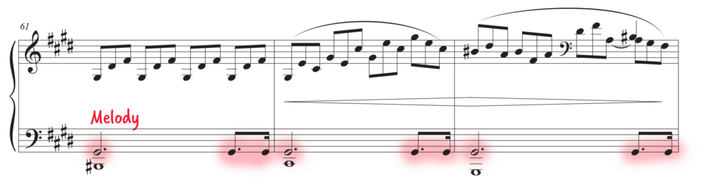 Moonlight Sonata sheet music with left hand melody notes highlighted in pink.