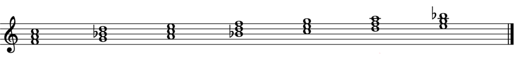 Diatonic major triads in F major on staff.