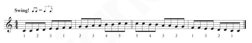 C major scale in repeated eighth notes with "Swing! Two eighth notes equals a quarter note plus an eighth note under a triplet bracket" on top.