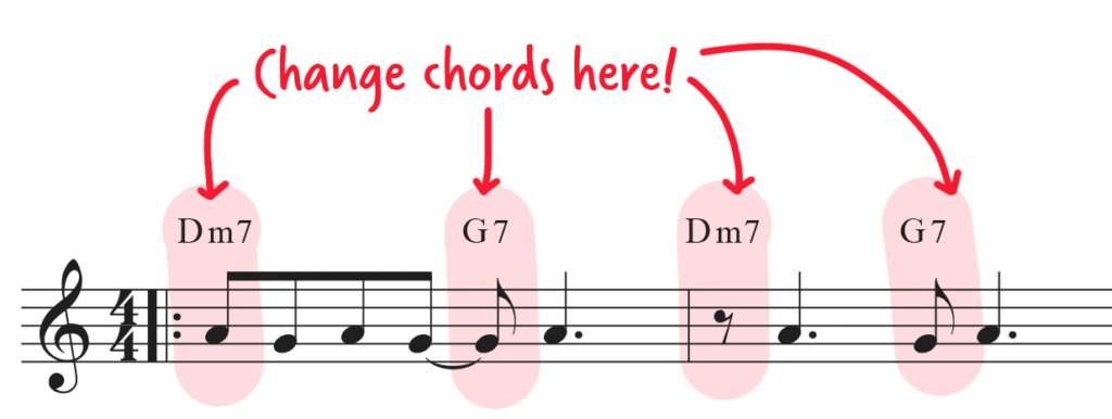 First two measures of Satin Doll lead sheet with chord changes highlighted in pink.