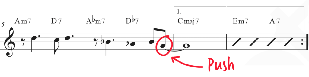 Satin Doll lead sheet with eighth note landing on "and" beat and tied to next measure's whole note circled and labelled "push."