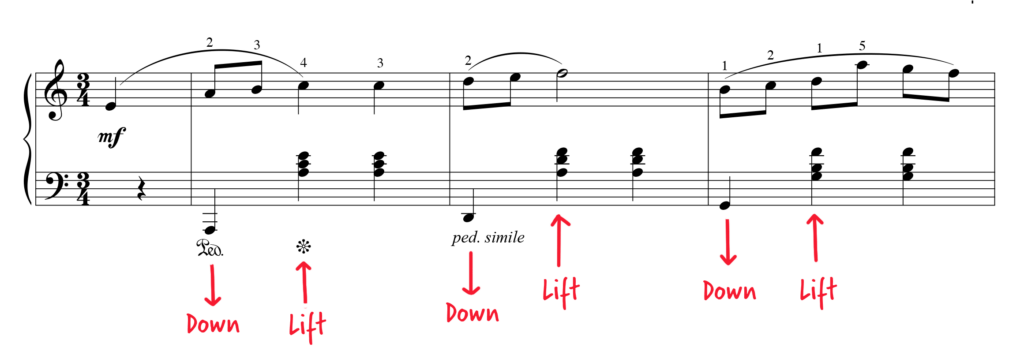 Waltz in A Minor sheet music with pedal markings marked "down" and "lift."