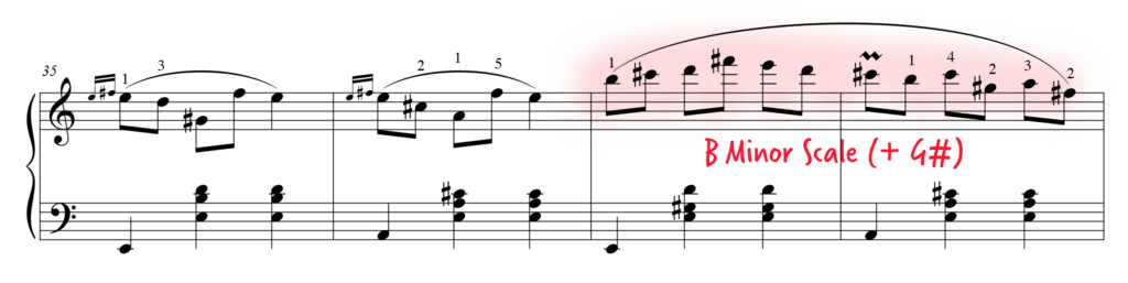 Waltz in A minor m. 35-38 with B minor scale shape highlighted and labelled.