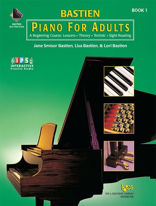 Best piano books for beginners: green book cover with text Bastien Piano for Adults and image of grand piano plus smaller images of keyboard, pinblocks, and pedals.