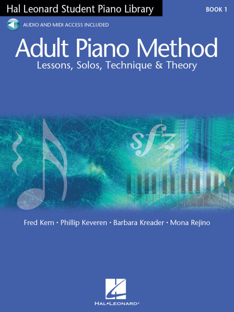Blue book cover with text "Adult Piano Method" and images of keyboard, dynamic markings, and sixteenth note.