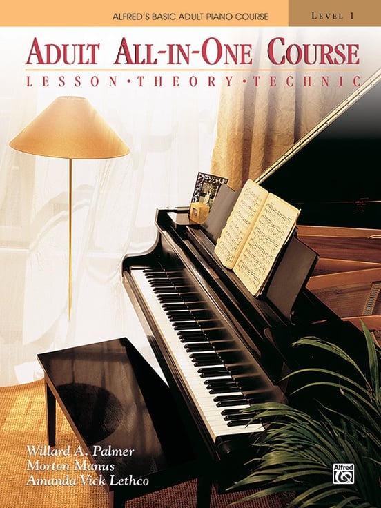 Book cover with text "Adult All-In-One Course: Lesson, Theory, Technic" in yellow tones with grand piano in living room next to lamp.