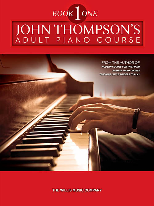 Red book cover with text "Book 1: John Thompson's Adult Piano Course" with hands on piano keyboard.