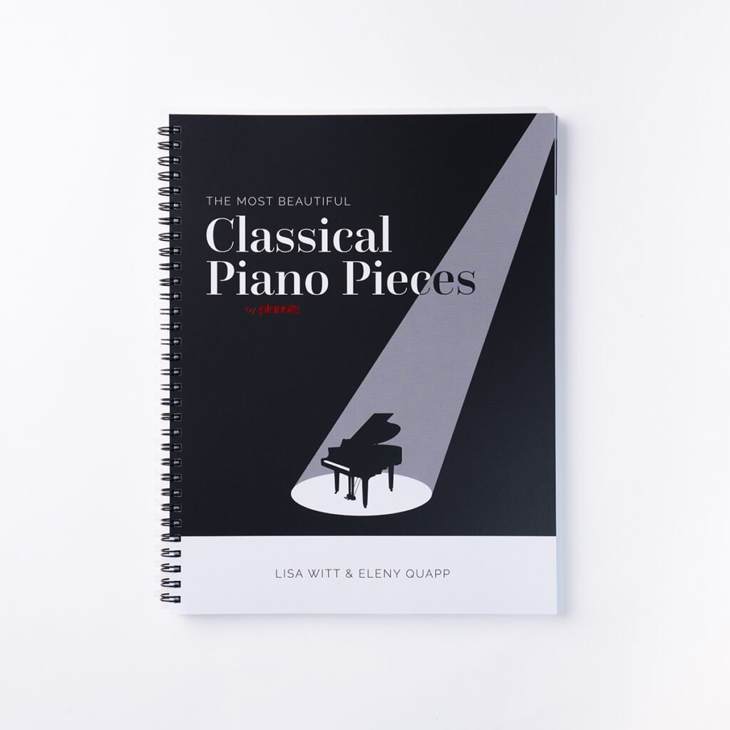 Black and white book with piano illustration. Title: "The Most Beautiful Classical Piano Pieces" by Lisa Witt & Eleny Quapp.