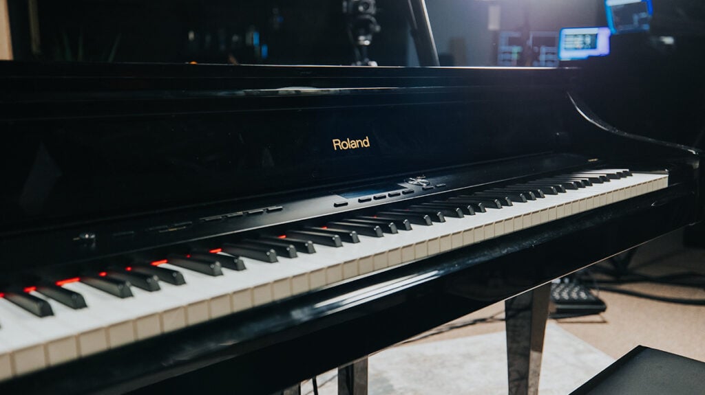 Angled image of grand piano.