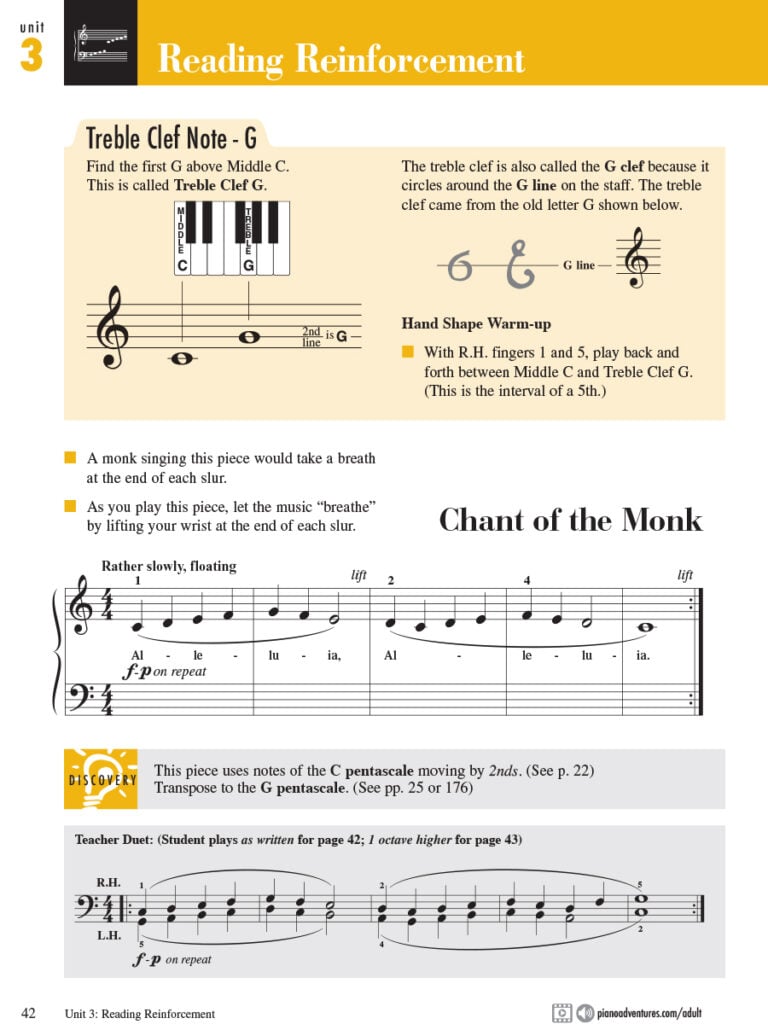 Sample page and sheet music from Faber Piano Adventures book.