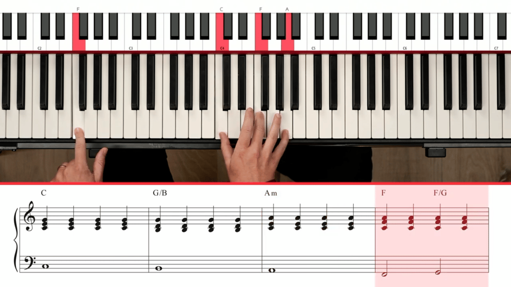 Screencap from video of David playing 1564 chord progression with notation.