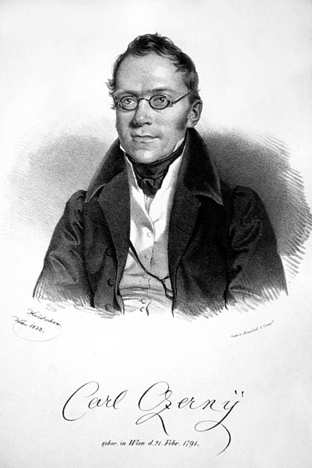 Black and white drawing of man in glasses in Romantic era suit with signature Carl Czerny underneath.