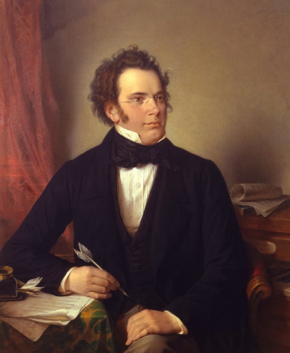 Painting of small man with glasses and mutton chops in Romantic era suit with one hand on desk with sheet music, holding quill.