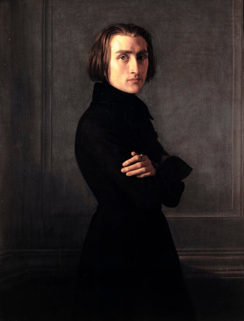 Painting of youngish man in black crossed arms with jaw length straight hair.