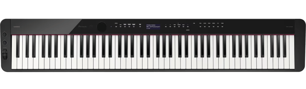 Black minimalistic piano keyboard with pitch bend wheel.