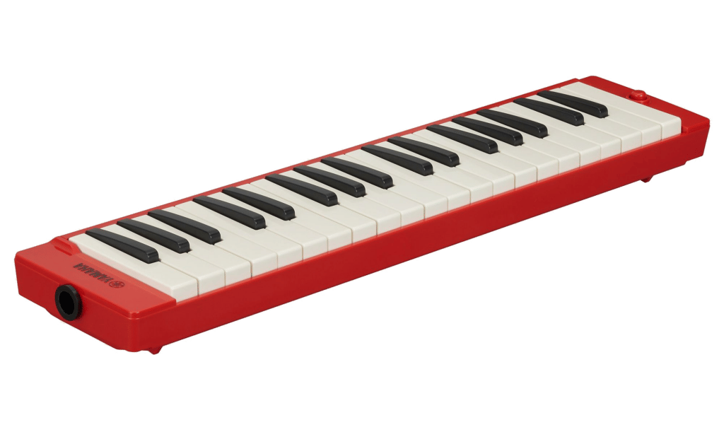Small red keyboard with mouthpiece.