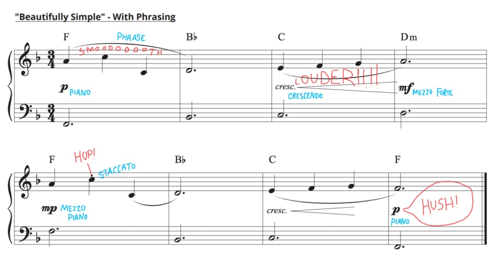 Two lines of music in standard notation with red and blue markup.