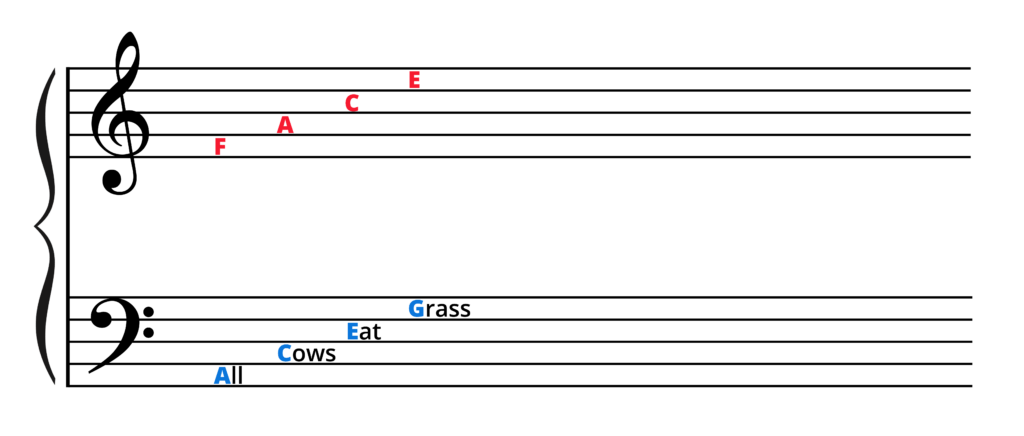 Sight reading piano. Grand staff with F-A-C-E in spaces of treble clef and "All Cows eat Grass" in spaces of bass clef.