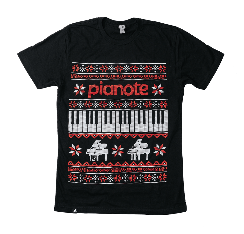 Black Tshirt with Christmas piano print.