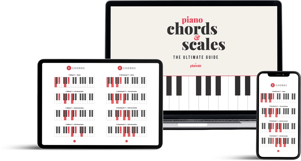Chords and scales diagrams on laptop, tablet, and phone.