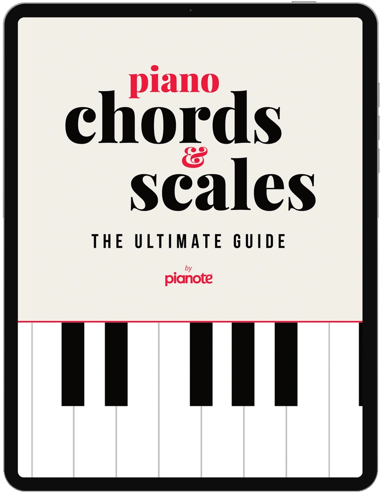 Piano Chords and Scales book cover with keyboard design on iPad.