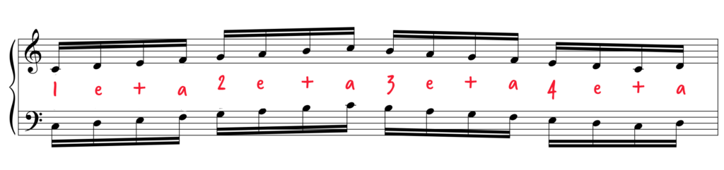 One octave C major scale in 16th notes.