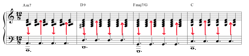 Chord progression in polyrhythm pattern in standard notation.