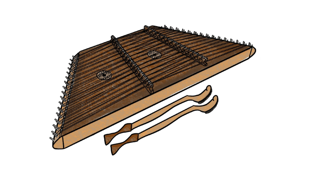 Illustration of a hammered dulcimer. History of the piano.