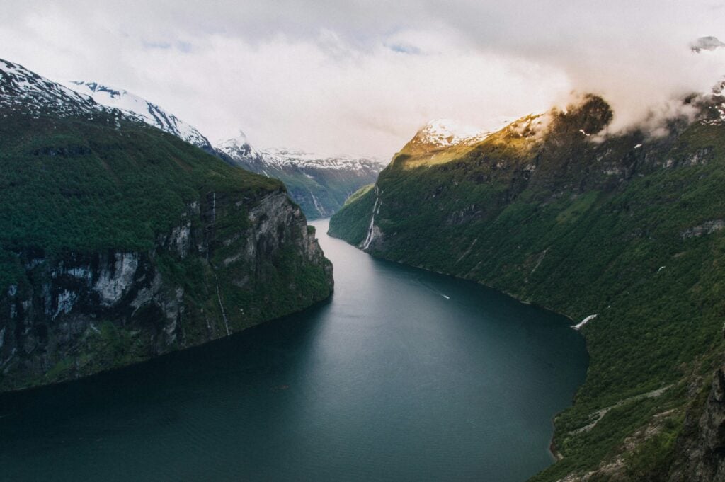 Lush green Norwegian fjord.