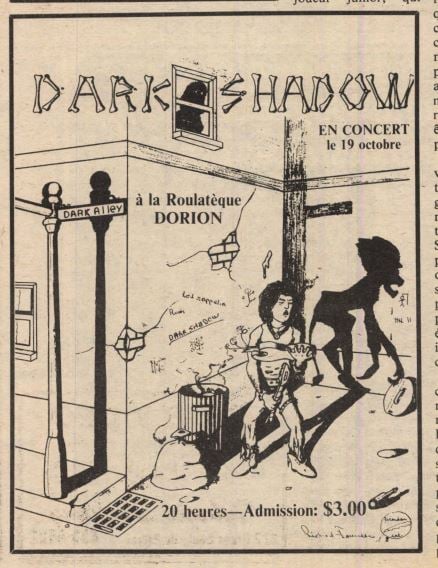 Dark Shadow poster: band name in bones, cartoon of boy in alley with broken violin. 20 heures - admission: $3.00.