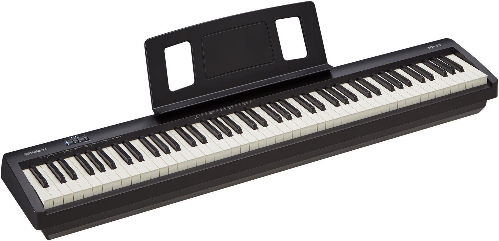 Black piano keyboard with footswitch and power plug.