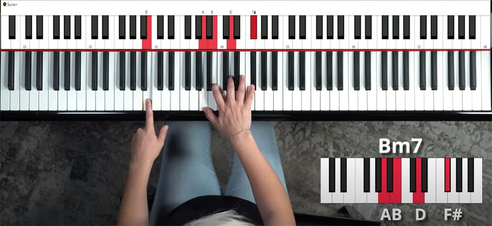 Graphic and bird's eye view of Bm7 chord. Left hand plays B and right hand plays A-B-D-F#.