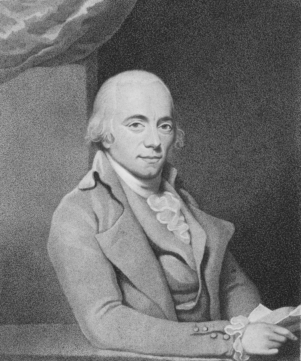 Black and white Muzio Clementi portrait - man in 18th century clothes sitting down holding sheaf of paper.
