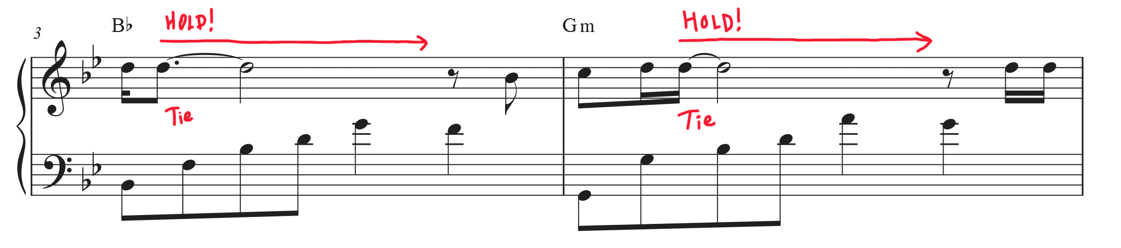 Bohemian Rhapsody piano sheet music with ties labelled to hold.