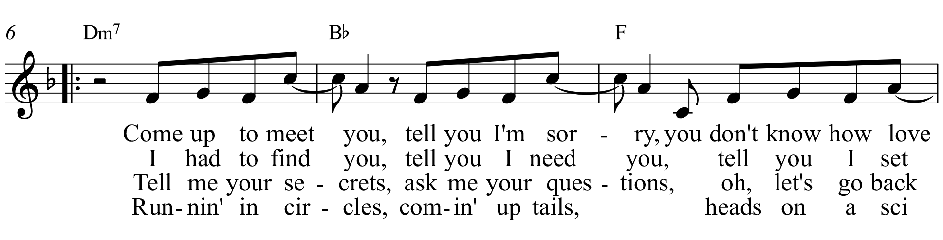 Lead sheet of The Scientist by Coldplay showing lyrics, melody, and chords.
