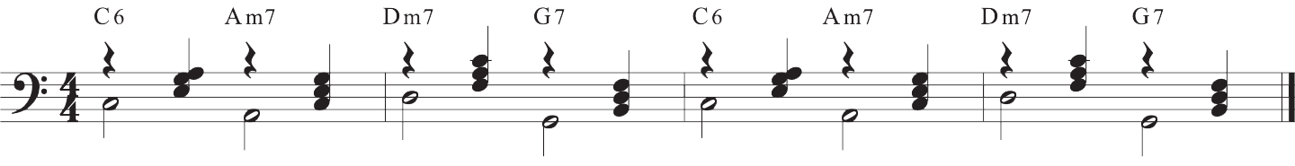 Chords in cocktail piano piece sheet music with half note-quarter note rhythm.