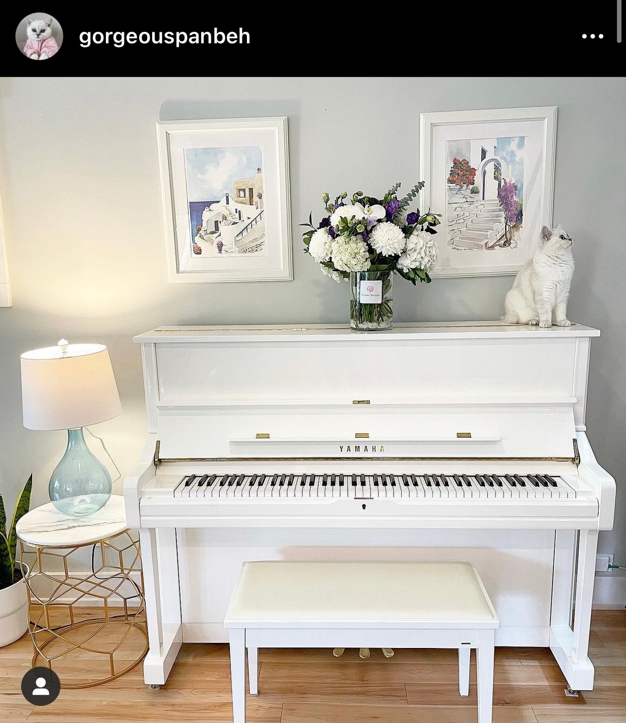 White piano with bouquet of flowers and white cat on top.