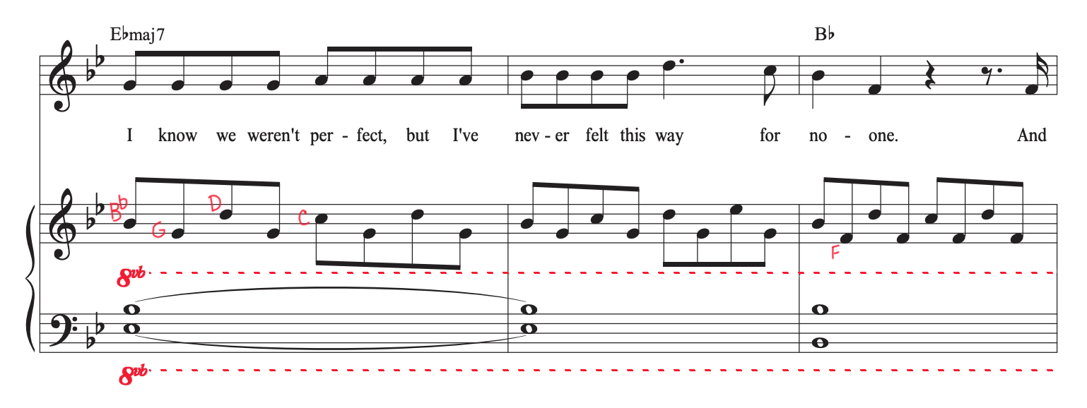 Sheet music for verse of "Driver's License" by Olivia Rodrigo with mark-ups showing notes and highlighting 8vb.