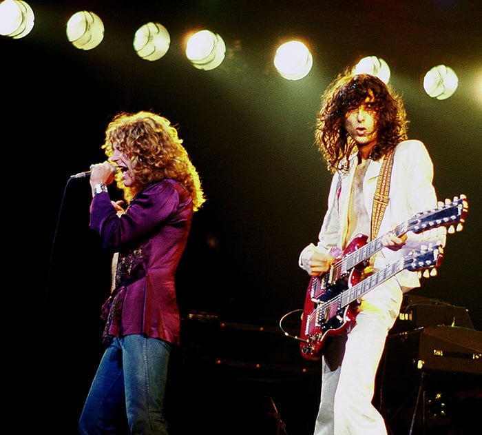 Robert Plant and Jimmy Page on stage.