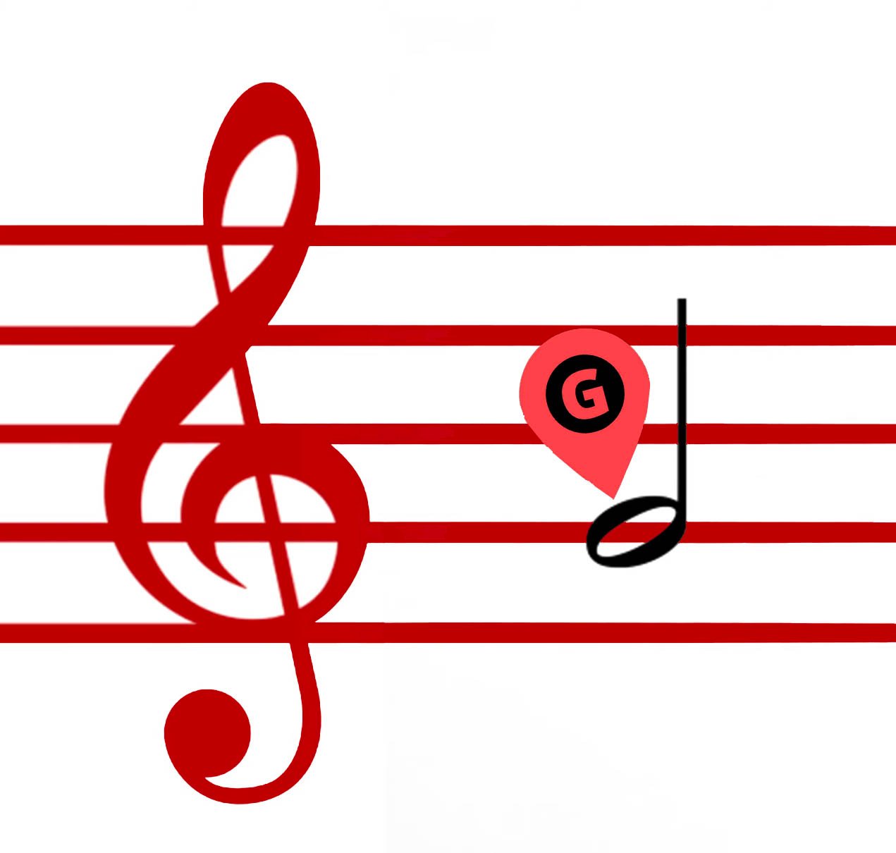 Red staff with G in half note, landmark arrow pointing to G.
